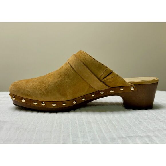 ANN TAYLOR Tan Kid Suede Clogs with Brass Rivets, Sz 8.5M - Picture 8 of 12